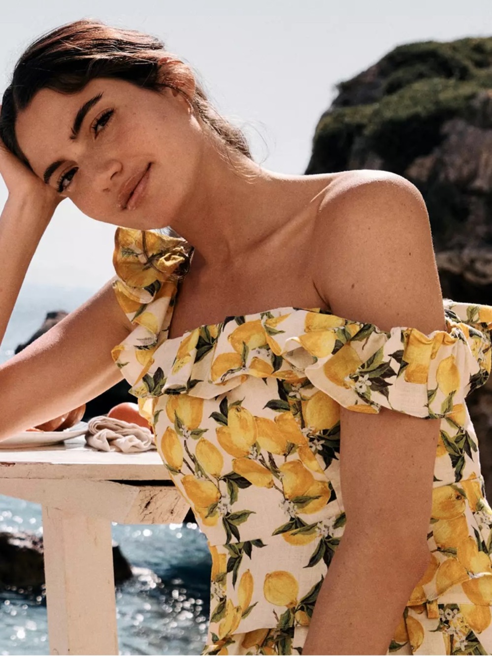 ANTHROPOLOGIE En Saison Yellow Lemon Print Ruffle Cotton Crop Top M